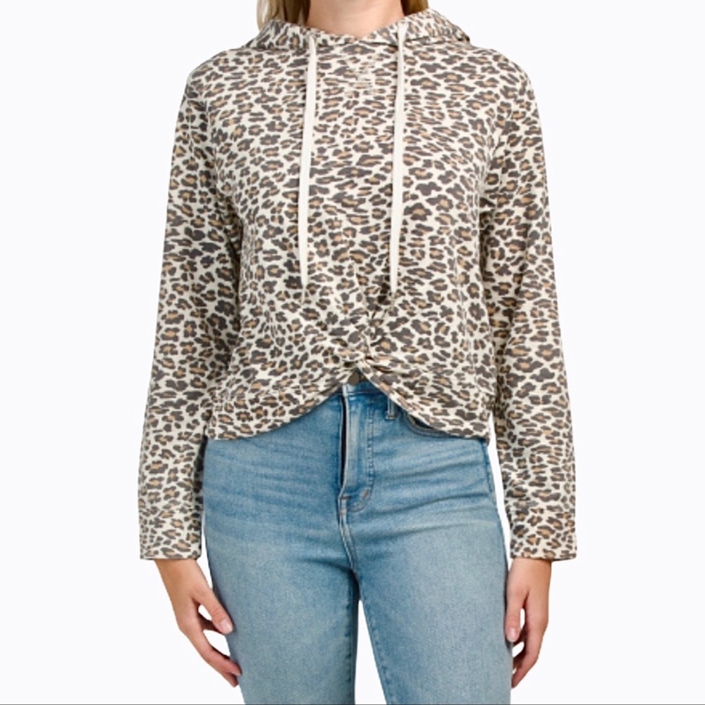 C&C California Leopard Print Twist Front Hooded Sweatshirt Size Medium